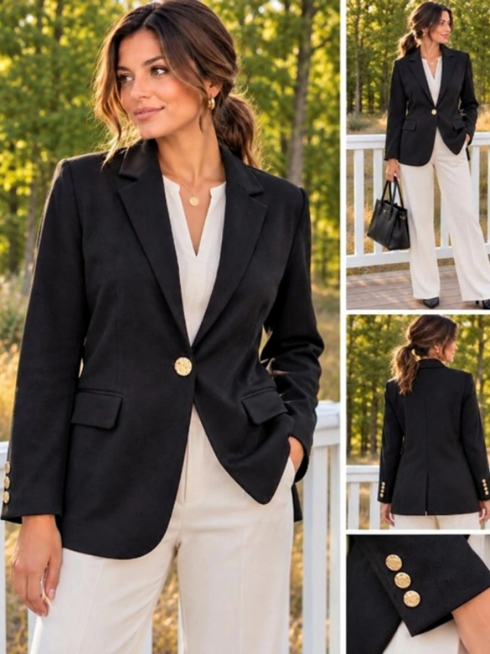 ELLA Rafaella Black Tailored Career Blazer Gold-Tone Button Classic Jacket M